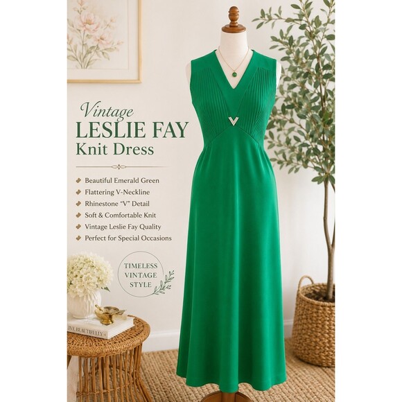 Leslie Fay | Dresses | 7s Vintage Leslie Fay Knits Kelly Green Elegant Evening Event Formal Dress 0
